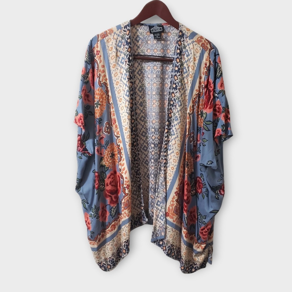 Angie Floral Boho Kimono Wrap‎ Blue Floral Mixed Print Rayon Size Medium